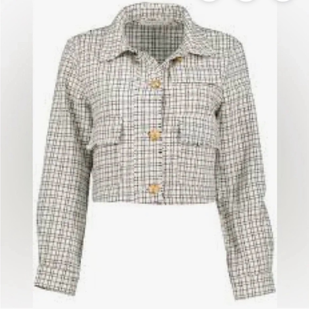 Bishop + Young Parker Cropped Blazer with Gold Buttons Windowpane Tweed Small